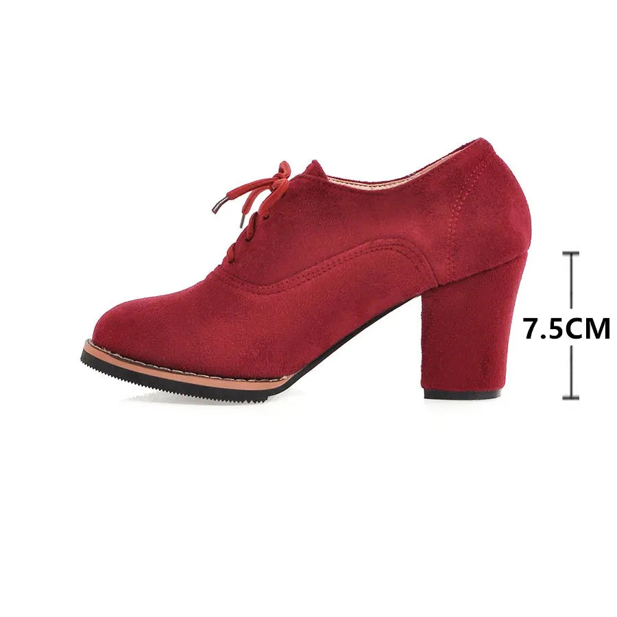 Vintage Women Lace Up Pumps Square Heel Round Toe High Heels British Style Oxfords Autumn Low Top Student Shoes Blue Booties 33