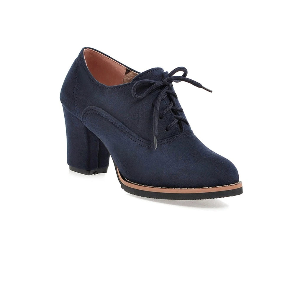 Vintage Women Lace Up Pumps Square Heel Round Toe High Heels British Style Oxfords Autumn Low Top Student Shoes Blue Booties 33
