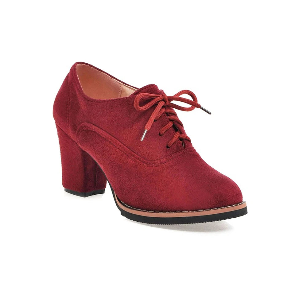 Vintage Women Lace Up Pumps Square Heel Round Toe High Heels British Style Oxfords Autumn Low Top Student Shoes Blue Booties 33