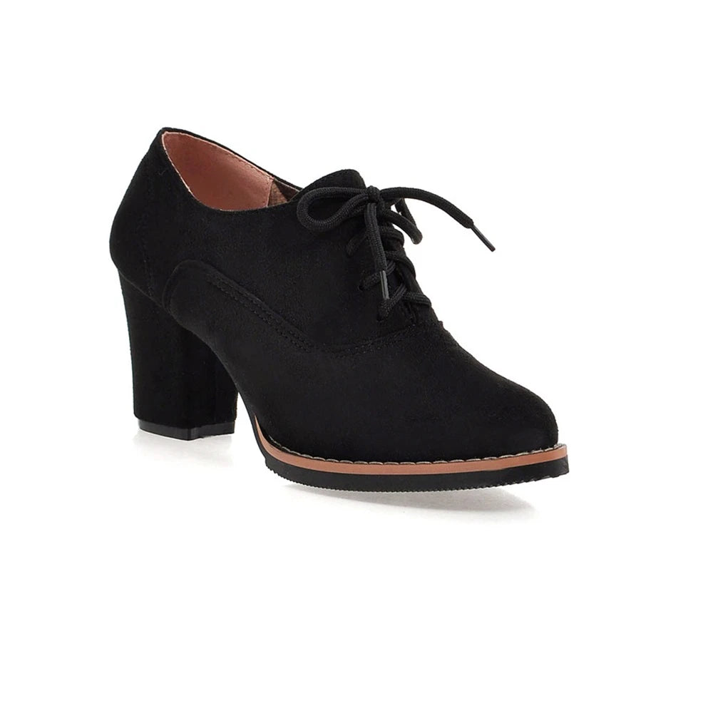 Vintage Women Lace Up Pumps Square Heel Round Toe High Heels British Style Oxfords Autumn Low Top Student Shoes Blue Booties 33